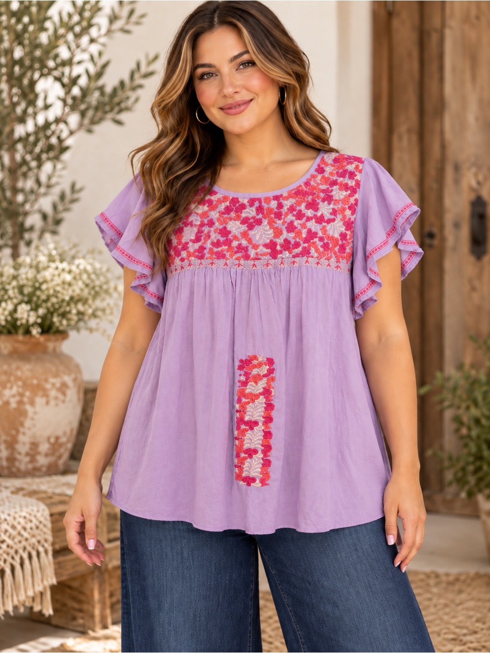 J. Marie Lilac Embroidered Flutter-Sleeve Tunic Top - Women Size Large